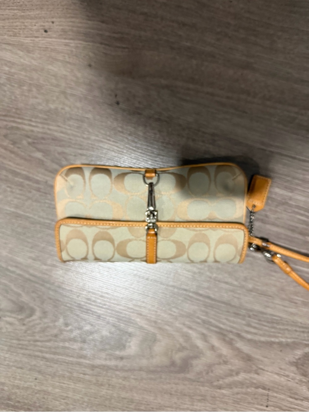 Coach Beige Signature Canvas Wristlet with Tan Trim